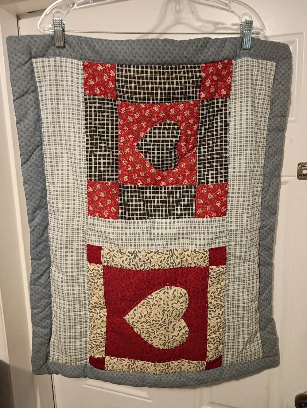 2 Handmade Pem-America Red Heart Patchwork Quilted Gray Border Outer 100% Cotton